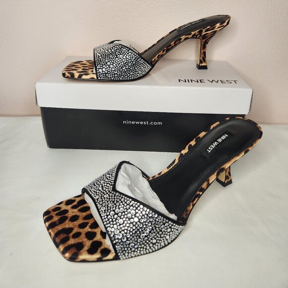 Nine West Bling Jeweled Leopard Print Slip-On Square Toe Heels Size 9 - Picture 2 of 7